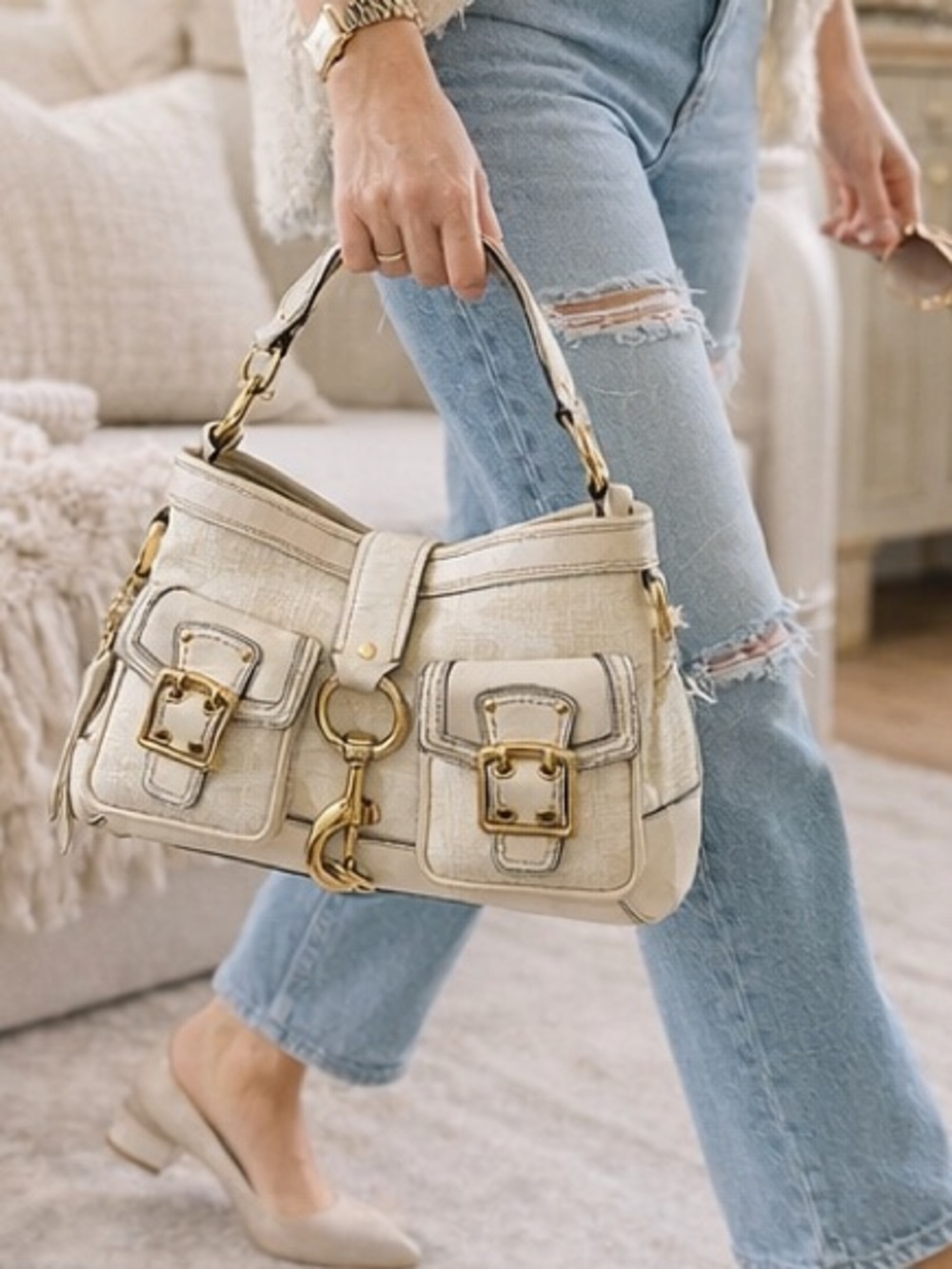 COACH Signature Ivory & Beige Shoulder Bag